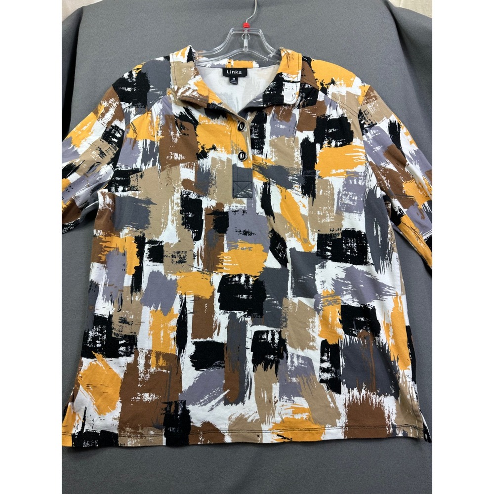 Links Women Abstract Brushstroke Polo Top 3/4‎ Sleeve Multi Color M 440U size M